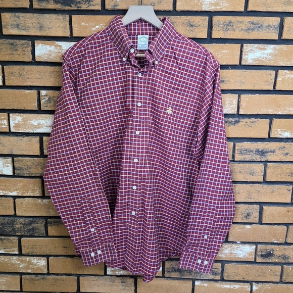 Brooks Brothers Brick Red Mens Large Gold Buffalo Logo Button Down Plaid Shirt - Picture 2 of 8